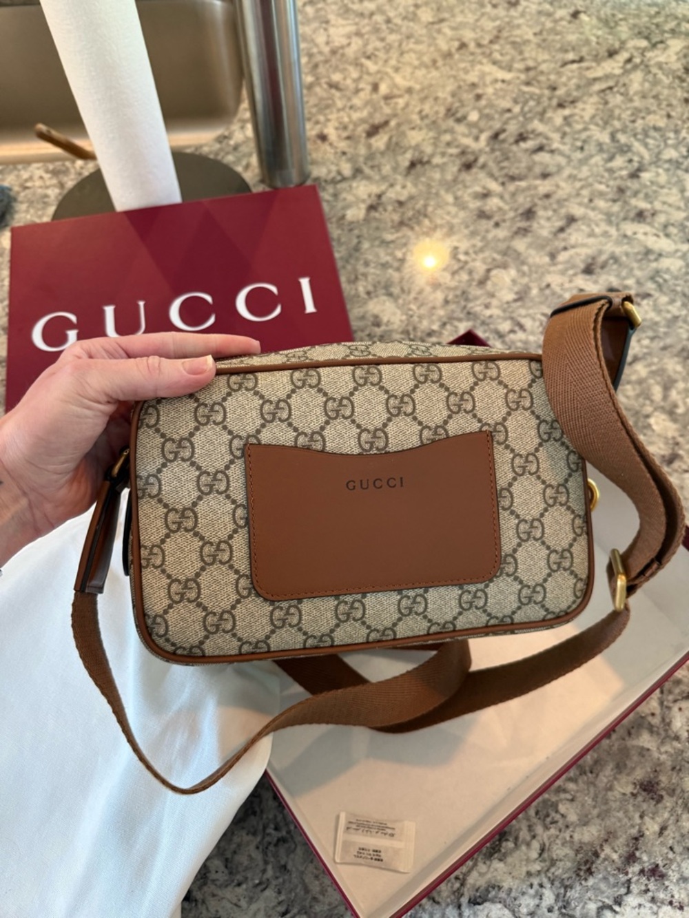 Gucci Beige GG Supreme Canvas Messenger with Brown Leather Trim